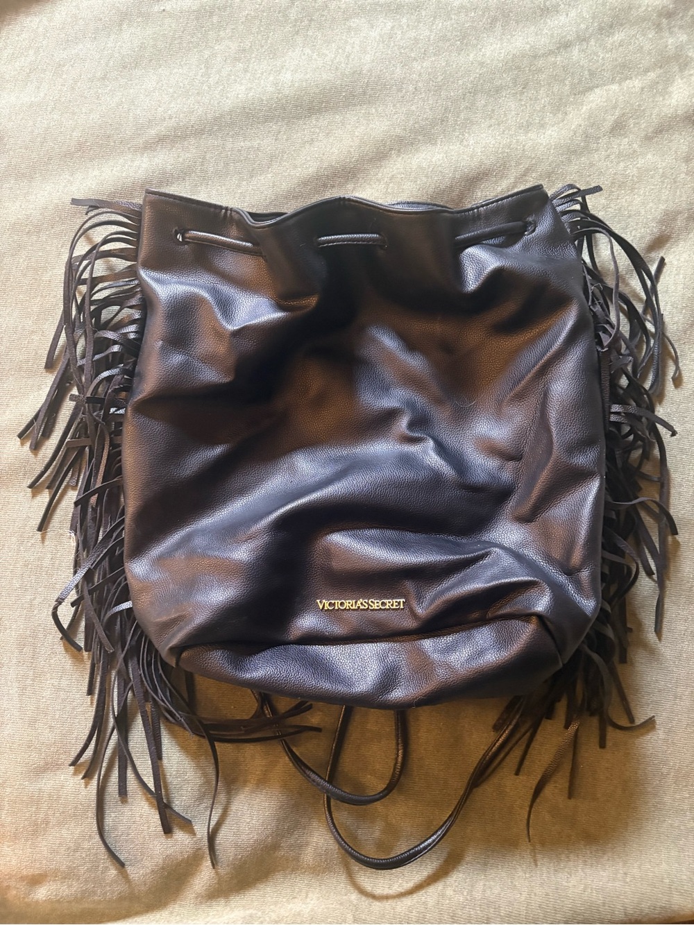 Victoria's Secret Black Fringe Drawstring Bucket